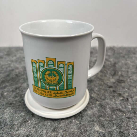 Dubai Police Officers Club Ceramic Coffee Mug & Lid Coaster Green Yellow Logo - Picture 4 of 16